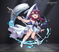 Rule 34 | 1girl, :d, arknights, bag, beluga whale, blue eyes, boots, dolphin, dress, full body, holding, holding wand, lataedelan, long hair, looking at viewer, open mouth, purestream (arknights), purple eyes, shoulder bag, sleeveless, sleeveless dress, smile, solo, teeth, thigh boots, thighhighs, wand, white dress, white footwear