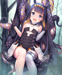 Rule 34 | 1girl, :d, black dress, black gloves, blue eyes, blunt bangs, breasts, dress, fang, forest, gloves, halo, headpiece, highres, hololive, hololive english, long hair, looking at viewer, low wings, mogmog, mole, mole under eye, nature, ninomae ina&#039;nis, ninomae ina&#039;nis (1st costume), open mouth, pointy ears, purple hair, sidelocks, single thighhigh, sitting, small breasts, smile, solo, strapless, strapless dress, tentacles, thighhighs, tree, virtual youtuber, white thighhighs, wings