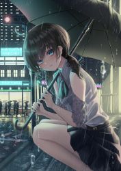 Rule 34 | 1girl, absurdres, ahoge, bare legs, black hair, black ribbon, black skirt, blue eyes, building, character name, city, collared shirt, commentary, detached sleeves, english commentary, feet out of frame, from side, grey shirt, highres, holding, holding umbrella, hololive, huge filesize, long hair, looking at viewer, looking to the side, low twintails, miniskirt, natsuiro matsuri, natsuiro matsuri (casual), neck ribbon, night, outdoors, parted lips, rain, ribbon, road, see-through, shirt, short sleeves, silhouette, skirt, smile, solo focus, squatting, street, traffic light, turbulence, twintails, umbrella, virtual youtuber