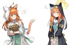 Rule 34 | 2girls, ?, absurdres, animal ears, arknights, blue archive, blue eyes, blue neckerchief, book, cat ears, cat girl, cat tail, crossover, flower, green eyes, habit, hair flower, hair ornament, halo, highres, holding, holding book, long hair, long sleeves, look-alike, mari (blue archive), multiple girls, neckerchief, nun, open mouth, orange hair, papyrus (arknights), sailor collar, simple background, spoken question mark, tail, upper body, watch, white background, white sailor collar, wristwatch, yellow halo, zapik