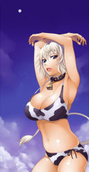 Rule 34 | 1girl, animal print, armpits, arms up, bad id, bad pixiv id, bell, bikini, blue eyes, breasts, cleavage, cloud, collar, cow girl, cow print, cow tail, day, large breasts, lipstick, makeup, moon, neck bell, original, short hair, side-tie bikini bottom, sky, solo, swimsuit, tail, torigoe takumi, white hair