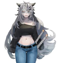 Rule 34 | 1girl, :d, alternate costume, animal ears, arknights, bare shoulders, belt, black belt, black shirt, commentary, cowboy shot, crop top, crop top overhang, denim, fangs, grey eyes, hair between eyes, hair ornament, hairclip, highres, indra (azdr2457), jeans, katana, lappland (arknights), long hair, long sleeves, looking at viewer, midriff, navel, off-shoulder shirt, off shoulder, open mouth, pants, scar, scar across eye, scar on face, sheath, sheathed, shirt, silver hair, simple background, sleeves past fingers, sleeves past wrists, smile, solo, standing, stomach, sword, thighs, very long hair, weapon, white background, wolf ears