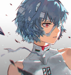 Rule 34 | 1girl, ayanami rei, bandage over one eye, bandaged head, bandages, bare shoulders, blue hair, chromatic aberration, commentary request, covered collarbone, debris, grey background, interface headset, looking away, neon genesis evangelion, parted lips, plugsuit, red eyes, short hair, skin tight, solo, tss-mire, upper body