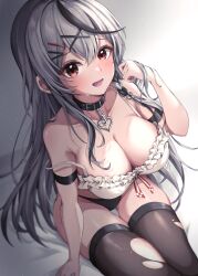 Rule 34 | 1girl, :d, bare shoulders, black panties, blush, bra, breasts, choker, cleavage, collarbone, ear piercing, earrings, eyes visible through hair, fang, frills, gradient background, hair ornament, heart, highres, hololive, jewelry, large breasts, long hair, looking at viewer, open mouth, panties, piercing, red eyes, sakamata chloe, sitting, smile, solo, strap slip, takuty, thighhighs, underwear, very long hair, virtual youtuber