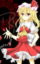 Rule 34 | &gt;:), 1girl, ascot, blonde hair, blush, carrying, carrying under arm, chain, collar, cowboy shot, crystal, cuffs, flandre scarlet, frilled collar, frilled shirt collar, frilled skirt, frilled sleeves, frills, hat, hat ribbon, highres, long hair, looking at viewer, mob cap, moko-rinn, aged up, puffy short sleeves, puffy sleeves, red eyes, red ribbon, red shirt, red skirt, ribbon, shackles, shirt, short sleeves, side ponytail, skirt, skirt set, skull, smile, solo, touhou, tsurime, v-shaped eyebrows, wings