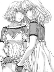 Rule 34 | 2girls, blush, bottomless, clothes lift, commentary request, dress, fingering, frills, gloves, grey hair, highres, incest, looking at viewer, medium hair, monochrome, multiple girls, off-shoulder shirt, off shoulder, original, parted lips, pussy juice, shirt, short hair, short sleeves, siblings, skirt, skirt lift, sweat, takekawa shin, twins, vaginal, yuri