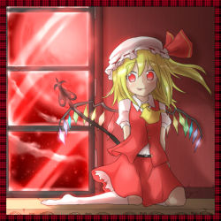 Rule 34 | 1girl, :p, ascot, blonde hair, blush, female focus, flandre scarlet, full moon, hat, laevatein, moon, nobamo pieruda, red eyes, red moon, ribbon, side ponytail, skirt, socks, solo, embodiment of scarlet devil, tongue, tongue out, touhou, window, wings