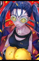 Rule 34 | 1girl, absurdres, ado (utaite), black tank top, blue eyes, blue hair, boxing gloves, breasts, character name, cleavage, clenched teeth, cloud nine inc, collarbone, commentary, confetti, highres, jacket, jacket on shoulders, long hair, looking at viewer, medium breasts, odo (song), open clothes, open jacket, red background, red jacket, solo, sunglasses, tank top, teeth, tinted eyewear, twintails, upper body, utaite, yoshimura feat.yoshimura