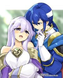 Rule 34 | 1boy, 1girl, bare shoulders, blue eyes, blue hair, blurry, blurry background, breasts, brother and sister, circlet, dress, fire emblem, fire emblem: genealogy of the holy war, headband, holding another&#039;s hair, julia (fire emblem), medium breasts, nintendo, open mouth, ponytail, purple eyes, purple hair, seliph (fire emblem), siblings, smile, white headband, wide sleeves, yukia (firstaid0)