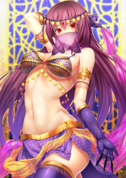 Rule 34 | 1girl, alternate costume, arabian clothes, arm behind head, arm up, armlet, bare shoulders, between fingers, blush, breasts, chain, circlet, cleavage, closed mouth, collarbone, elbow gloves, emanon123, fate/grand order, fate (series), female focus, forehead jewel, gloves, gold trim, hair between eyes, harem outfit, head chain, highres, hip focus, holding, holding weapon, jewelry, kunai, large breasts, long hair, looking at viewer, midriff, mouth veil, navel, purple gloves, purple hair, purple skirt, purple thighhighs, red eyes, revealing clothes, sash, scathach (fate), see-through, skirt, smile, solo, star (symbol), star print, thighhighs, thighs, type-moon, upper body, veil, weapon