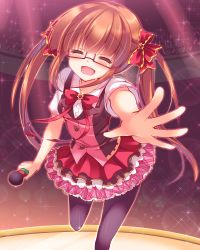 Rule 34 | 10s, 1girl, :d, ^ ^, black pantyhose, bow, bowtie, brown hair, buttons, closed eyes, dress, glasses, glint, highres, idolmaster, idolmaster cinderella girls, ikebukuro akiha, layered skirt, microphone, open mouth, outstretched arm, pantyhose, pink skirt, red-framed eyewear, red bow, red bowtie, semi-rimless eyewear, shirt, short sleeves, skirt, smile, solo, spotlight, stage, suzunone rena, twintails, under-rim eyewear, vest, white shirt, |d