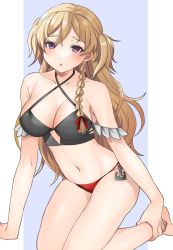 Rule 34 | 1girl, bikini, braid, breasts, brown eyes, cleavage, commentary request, commission, french braid, highres, kantai collection, kneeling, large breasts, light brown hair, long hair, looking at viewer, mismatched bikini, single braid, skeb commission, solo, swimsuit, toriniku senshi chikinman, wavy hair, zara (kancolle)