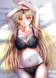 Rule 34 | 1girl, armpits, bare arms, bed sheet, black bra, black panties, blonde hair, blush, bra, breasts, cleavage, collarbone, fate testarossa, from above, gluteal fold, groin, hair tubes, highres, large breasts, long hair, looking at viewer, lying, lyrical nanoha, mahou shoujo lyrical nanoha, navel, on back, open mouth, panties, red eyes, solo, sougetsu izuki, thigh gap, underwear, underwear only, very long hair