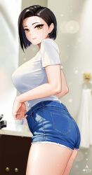 Rule 34 | 1girl, artist logo, bathroom, black hair, blue shorts, blurry, blurry background, breasts, brown eyes, closed mouth, commentary request, denim, denim shorts, faucet, fingernails, from side, highres, indoors, infinote, large breasts, light particles, looking at viewer, original, shirt, shirt tucked in, short hair, short shorts, short sleeves, shorts, sink, smile, solo, sweatdrop, thighs, white shirt, yashiki yuuko (infinote)