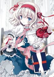 Rule 34 | 1girl, alice margatroid, apron, bad id, bad twitter id, belt, blonde hair, blue dress, blue eyes, book, bow, bowtie, capelet, cierra (ra-bit), doll, dress, frills, hair ornament, hair ribbon, hairband, hourai doll, jpeg artifacts, long hair, long sleeves, looking at viewer, necktie, parted lips, profile, puffy sleeves, red dress, red eyes, ribbon, scissors, shanghai doll, short hair, short sleeves, touhou, vest, waist apron, weapon