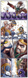 Rule 34 | absurdres, blue skin, braum (league of legends), colored skin, comic, draven, facial hair, gloves, gooster, highres, horns, league of legends, long hair, minion (league of legends), multiple boys, multiple girls, mustache, pointy ears, ponytail, poro (league of legends), simple background, single horn, sivir, soraka (league of legends), staff, tattoo, translation request, very long hair, weapon, white hair, yellow eyes