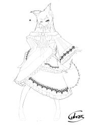 Rule 34 | 1girl, alternate costume, animal ears, breasts, brooch, cleavage, cube85, dress, fang, fingernails, full body, greyscale, hair ornament, highres, imaizumi kagerou, jewelry, large breasts, lineart, long fingernails, long hair, looking at viewer, monochrome, one eye closed, smirk, solo, star (symbol), tail, thighhighs, touhou, transparent background, wolf ears, wolf tail
