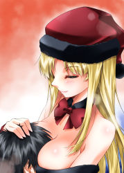 Rule 34 | 1boy, 1girl, bare shoulders, between breasts, black fur, black hair, blonde hair, bow, breasts, christmas, cleavage, detached collar, closed eyes, face between breasts, fur trim, hand on another&#039;s head, hat, head between breasts, highres, long hair, original, red bow, santa hat, sumeragi tomo