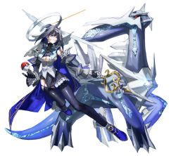 Rule 34 | 1girl, black gloves, blade, blue eyes, blue hair, breasts, cape, creatures (company), crossover, detached sleeves, dialga, game freak, gen 4 pokemon, gloves, halo, highres, hololive, hololive english, large breasts, legendary pokemon, mechanical halo, nintendo, ouro kronii, ouro kronii (1st costume), poke ball, poke ball (basic), pokemon, pokemon (creature), power connection, quasarcake, thighhighs, virtual youtuber, white background