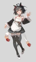 Rule 34 | 1girl, absurdres, alternate costume, animal ears, apron, black dress, black hair, black thighhighs, choker, ciloranko, detached sleeves, dress, duplicate, enmaided, frilled choker, frills, full body, grey background, hand up, high heels, highres, horse ears, horse girl, horse tail, kitasan black (umamusume), looking at viewer, maid, maid apron, maid headdress, multicolored hair, open mouth, pixel-perfect duplicate, red eyes, short hair, simple background, smile, solo, streaked hair, tail, thighhighs, umamusume