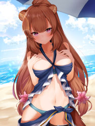 Rule 34 | 1girl, absurdres, animal ears, beach, blush, breast suppress, breasts, brown hair, closed mouth, cloud, commentary request, day, dutch angle, flower, hair flower, hair ornament, high ponytail, highres, korean commentary, lancheu, long hair, looking at viewer, medium breasts, navel, outdoors, pink eyes, raccoon ears, raccoon girl, raphtalia, sky, solo, standing, swimsuit, tate no yuusha no nariagari, umbrella, v-shaped eyebrows, very long hair, water