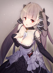 Rule 34 | 1girl, artist name, azur lane, between breasts, blush, breasts, brown hair, cleavage, cocoablue23, collar, collarbone, detached sleeves, dress, formidable (azur lane), frills, gothic lolita, highres, large breasts, lolita fashion, long hair, looking at viewer, open mouth, red eyes, ribbon, simple background, twintails