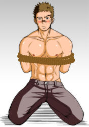 Rule 34 | 1boy, abs, arms behind back, bandaid, bandaid on face, bandaid on nose, bara, bdsm, blush, bondage, bound, full body, kneeling, looking at viewer, male focus, mayugeyama, navel, nipples, pants, rope, sakamichi no apollon, simple background, solo, toned, toned male, topless male, white background