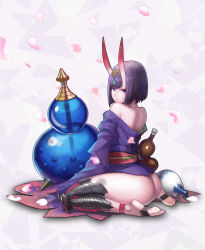 Rule 34 | 1girl, absurdres, ankle ribbon, armor, ass, back, bare shoulders, barefoot, barefoot sandals (jewelry), blunt bangs, bob cut, bottle, bottomless, closed mouth, eyebrows, fate/grand order, fate (series), from side, full body, gorgeous mushroom, gourd, hair ornament, highres, horns, japanese clothes, jewelry, kimono, leg ribbon, long sleeves, looking at viewer, looking back, no shoes, obi, off shoulder, oni, petals, purple eyes, purple hair, ribbon, sash, shade, short eyebrows, short hair, short kimono, shuten douji (fate), sitting, skin-covered horns, sleeves past wrists, smile, soles, solo, spikes, transparent, wariza