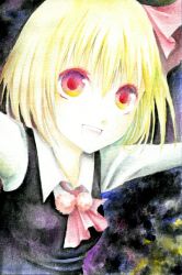 Rule 34 | 1girl, bad id, bad pixiv id, blonde hair, dark, embodiment of scarlet devil, female focus, hair ribbon, happy, long sleeves, necktie, open mouth, outstretched arms, painting (medium), portrait, red eyes, ribbon, rumia, shirt, short hair, solo, spread arms, touhou, traditional media, umebayashi saki, watercolor (medium), white shirt