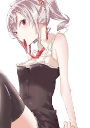 Rule 34 | 10s, 1girl, drill hair, hair ribbon, ichihi (spinon), idolmaster, idolmaster cinderella girls, kanzaki ranko, mouth hold, necktie, ribbon, silver hair, simple background, sleeveless, solo, thighhighs, twin drills, twintails, white background