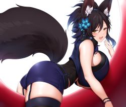 Rule 34 | 1girl, animal ears, ass, bare arms, bare shoulders, black hair, blue shirt, blue shorts, blue thighhighs, blush, breasts, from side, garter straps, hair ornament, highres, large breasts, long hair, micro shorts, open mouth, original, shirt, shorts, sleeveless, smile, solo, suruga (xsurugax), tail, thighhighs, thighs, yellow eyes