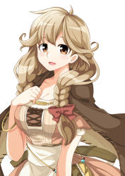 Rule 34 | 1girl, :d, apron, blonde hair, bow, bracelet, braid, breasts, cape, cleavage, faye (fire emblem), fire emblem, fire emblem echoes: shadows of valentia, highres, jewelry, kouzuki (shangorilla), large breasts, long hair, low-braided long hair, low-tied long hair, nintendo, open mouth, orange eyes, simple background, smile, solo, twin braids, upper body, white background