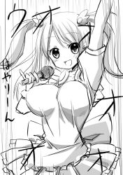 Rule 34 | 1girl, blush, breasts, brooch, dress, greyscale, hair ornament, jewelry, large breasts, long hair, microphone, mizuhara hayari, monochrome, motion lines, nobutake (nobu0), open mouth, pinky out, saki (manga), sketch, smile, solo, standing, twintails