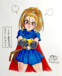 Rule 34 | 1girl, anger vein, angry, barbara (dq6), breasts, cape, dragon quest, dragon quest vi, earrings, gengoro akemori, gloves, hairband, high ponytail, jewelry, long hair, orange hair, ponytail, purple eyes, red hair, skirt, solo, square enix, steam, translation request, yellow gloves