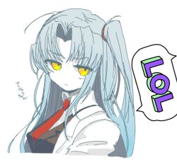 Rule 34 | 1girl, angela (project moon), blue hair, coat, collared shirt, em3ang, highres, lab coat, lobotomy corporation, long hair, long sleeves, looking at viewer, necktie, one side up, project moon, red necktie, shirt, sidelocks, simple background, smile, solo, upper body, very long hair, white background, white coat, white shirt, yellow eyes