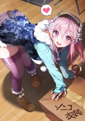Rule 34 | 1girl, blush, box, breasts, camouflage hoodie, cardboard box, fur trim, headphones, heart, heart-shaped pupils, highres, kanola u, large breasts, leaning forward, long hair, looking at viewer, nitroplus, open mouth, pink eyes, pink hair, pom pom (clothes), skindentation, sleeveless, sleeveless hoodie, smile, solo, spoken heart, super sonico, symbol-shaped pupils, tape, thighhighs, zettai ryouiki