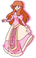 Rule 34 | 1girl, blue eyes, brown hair, clothes pull, dress, dress pull, elf, full body, grin, jewelry, long hair, necklace, nintendo, pink dress, pointy ears, princess zelda, puffy short sleeves, puffy sleeves, short sleeves, smile, standing, the legend of zelda, the legend of zelda (nes), tiara, triforce