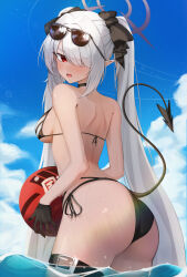 Rule 34 | 1girl, absurdres, ass, back, bare arms, bare shoulders, black tail, blue archive, blush, breasts, cowboy shot, demon wings, from behind, grey hair, hair over one eye, halo, highres, iori (blue archive), iori (swimsuit) (blue archive), llenn pt, long hair, medium breasts, official alternate costume, open mouth, purple halo, red eyes, solo, sunglasses, thigh strap, wings