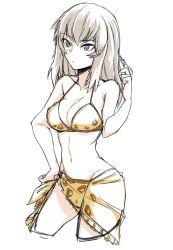 Rule 34 | 10s, 1girl, animal print, bikini, blue eyes, breasts, brown bikini, brown sarong, cleavage, closed mouth, commentary, cowboy shot, cropped legs, girls und panzer, hand on own hip, itsumi erika, leopard print, light frown, long hair, looking to the side, medium breasts, muted color, playing with own hair, print bikini, saku (saku1151), sarong, silver hair, simple background, solo, standing, string bikini, swimsuit, white background