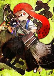 Rule 34 | 1girl, blunt bangs, brush, full body, inkling player character, japanese clothes, long hair, looking at viewer, md5 mismatch, nintendo, o3o, paintbrush, pointy ears, red eyes, red hair, resized, solo, splatoon (series), tentacle hair, toi8