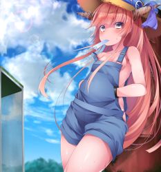 Rule 34 | 1girl, blue overalls, blue sky, blunt bangs, blush, breasts, buta (uhoiiotoko), cleavage, cloud, cloudy sky, commentary request, cowboy shot, day, food, grey eyes, hair between eyes, hands in pockets, horn ornament, horn ribbon, horns, ibuki suika, leaning back, lens flare, long hair, looking at viewer, naked overalls, orange hair, outdoors, overalls, panties, popsicle, purple ribbon, ribbon, shiny skin, sky, small breasts, solo, sun, sunlight, sweat, touhou, underwear, very long hair, white panties