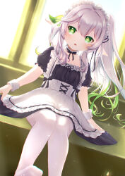 Rule 34 | 1girl, absurdres, alternate costume, apron, blurry, choker, collarbone, commentary, depth of field, dress, enmaided, foot out of frame, frilled choker, frills, genshin impact, gradient hair, green eyes, hair between eyes, hair ornament, highres, juliet sleeves, leaf hair ornament, legs, long sleeves, looking at viewer, maid, maid apron, maid headdress, milkshake (user bwu4733), multicolored hair, nahida (genshin impact), no shoes, pantyhose, parted lips, pinafore dress, pointy ears, puffy sleeves, short hair, short sleeves, side ponytail, sidelocks, sitting, sleeveless dress, solo, sunlight, symbol-shaped pupils, two-tone hair, white hair, white pantyhose, window, wrist cuffs