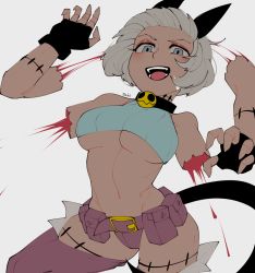 Rule 34 | 1girl, animal ears, aqua eyes, aqua sweater, artist name, bare shoulders, bell, belt, black collar, black gloves, blood, bob cut, breasts, cat ears, cat girl, cat tail, collar, commentary request, crop top, cropped sweater, dark-skinned female, dark skin, eyeshadow, fangs, fingerless gloves, gloves, grey hair, groin tendon, highres, large breasts, makeup, ms. fortune (skullgirls), neck bell, open mouth, pink belt, pouch, red eyeshadow, sabi, sabi (6535841), scar, short hair, signature, simple background, skullgirls, sleeveless, sleeveless sweater, smile, solo, stitches, sweater, symbol-only commentary, tail, thighs, toned, underboob