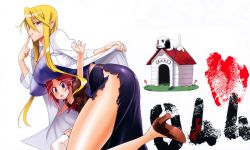 Rule 34 | 2girls, absurdres, age difference, animal, bent over, blonde hair, breasts, child, covered erect nipples, dog, doghouse, earrings, female focus, high heels, highres, highschool of the dead, jewelry, large breasts, leash, legs, long hair, long legs, maresato alice, marikawa shizuka, multiple girls, official art, purple eyes, red hair, satou shouji, shoes, side slit, skirt, smile, thighs, torn clothes, torn skirt, zeke (highschool of the dead)