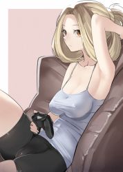 Rule 34 | 1girl, armpits, azur lane, black shorts, blonde hair, breasts, brown eyes, bunker hill (azur lane), bunker hill (mission relaxation) (azur lane), controller, dualshock, game controller, gamepad, hair ornament, hand in own hair, holding, holding controller, long hair, looking at viewer, medium breasts, on bed, ootani nonno, playstation controller, shirt, shorts, simple background, sitting, solo, white shirt