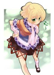 Rule 34 | 1girl, :t, arm warmers, blonde hair, artistic error, female focus, gradient background, hand on own hip, highres, hip focus, jpeg artifacts, mary janes, mizuhashi parsee, pointy ears, sakino shingetsu, scarf, shoes, short hair, solo, touhou