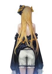Rule 34 | 1girl, abigail williams (fate), absurdres, ass, bad id, bad twitter id, bare back, bare shoulders, blonde hair, bloomers, bow, cowboy shot, dokshuri, dress, fate/grand order, fate (series), from behind, hair bow, highres, long hair, off shoulder, orange bow, simple background, sleeves past wrists, solo, standing, topless, underwear, very long hair, white background, white bloomers