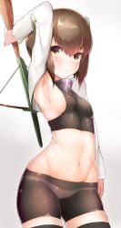 Rule 34 | 10s, 1girl, arm behind back, armpits, arms up, artist name, bad id, bad pixiv id, bike shorts, blush, boruhis, bow (weapon), breasts, brown eyes, brown hair, cameltoe, contrapposto, crossbow, grey background, hair between eyes, headgear, kantai collection, long sleeves, looking at viewer, matching hair/eyes, navel, panties under bike shorts, short hair, sideboob, small breasts, solo, standing, stomach, taihou (kancolle), thighhighs, weapon, white background