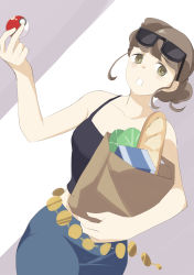 Rule 34 | 1girl, 34 (sanjushi), beauty (pokemon), breasts, brown eyes, brown hair, collarbone, creatures (company), denim, game freak, highres, holding, holding poke ball, jeans, looking at viewer, nintendo, open mouth, pants, poke ball, poke ball (basic), pokemon, pokemon xy, short hair, solo, sunglasses