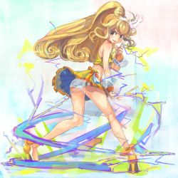Rule 34 | 10s, 1girl, blonde hair, blush, choker, cure peace, electricity, from behind, hair flaps, hair ornament, high heels, highres, kikiki (hiya mikan), kise yayoi, long hair, looking back, magical girl, midriff, open mouth, panties, pantyshot, ponytail, precure, shoes, skirt, smile pact, smile precure!, solo, underwear, upskirt, v, white panties, wind, wrist cuffs, yellow eyes, yellow skirt